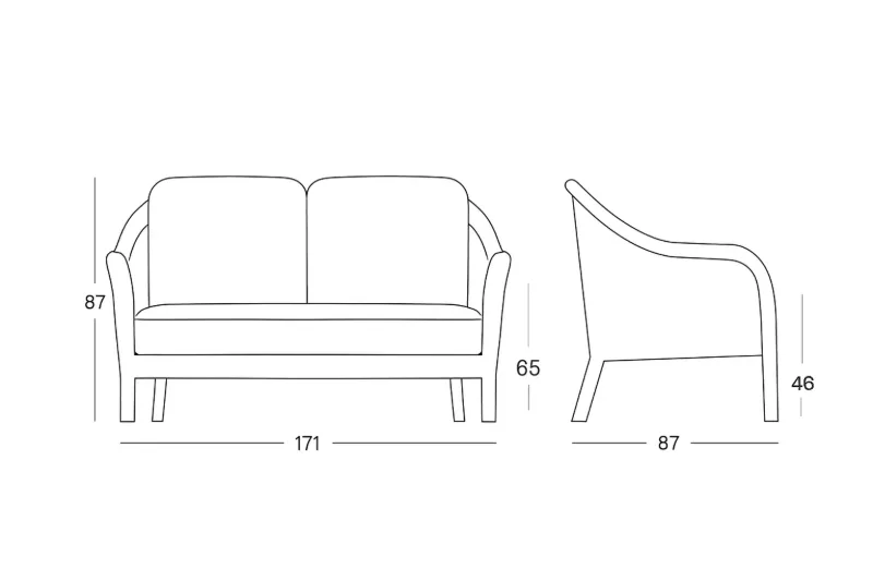  Schematic drawing with Dimensions Riviera 2.5s Lounge Sofa by Vincent Sheppard.