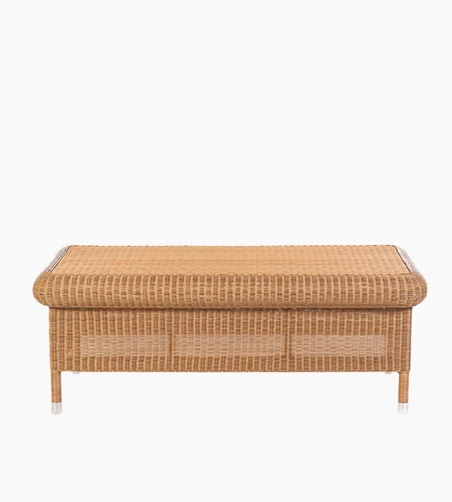 Vincent Sheppard’s Riviera coffee table in honey synthetic wicker with rounded edges and woven detail.